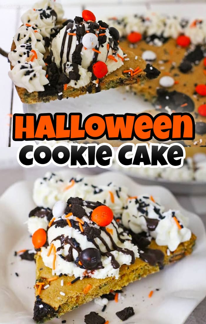 This Halloween Cookie Cake is packed with vibrant Halloween colors! You bite into this cookie cake and can taste M&M's, Oreos, and Sprinkles!