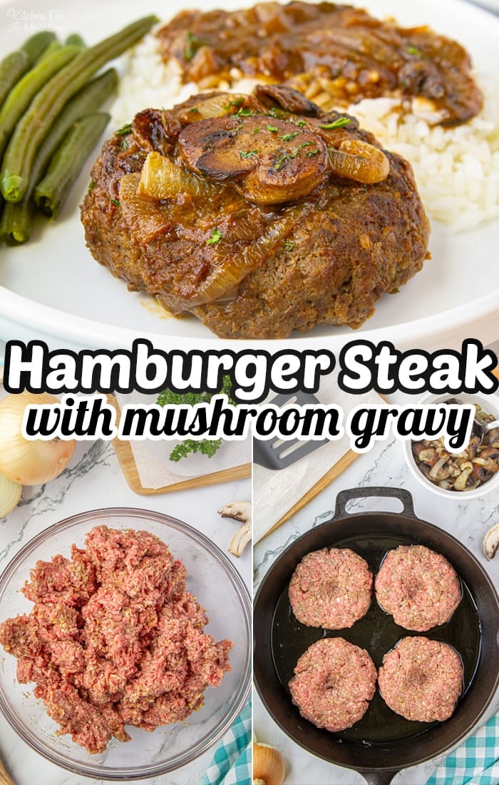 Smothered in a rich, savory brown gravy full of tender chunks of mushroom and onion, Hamburger Steak is a great dinner idea. #recipes #dinner