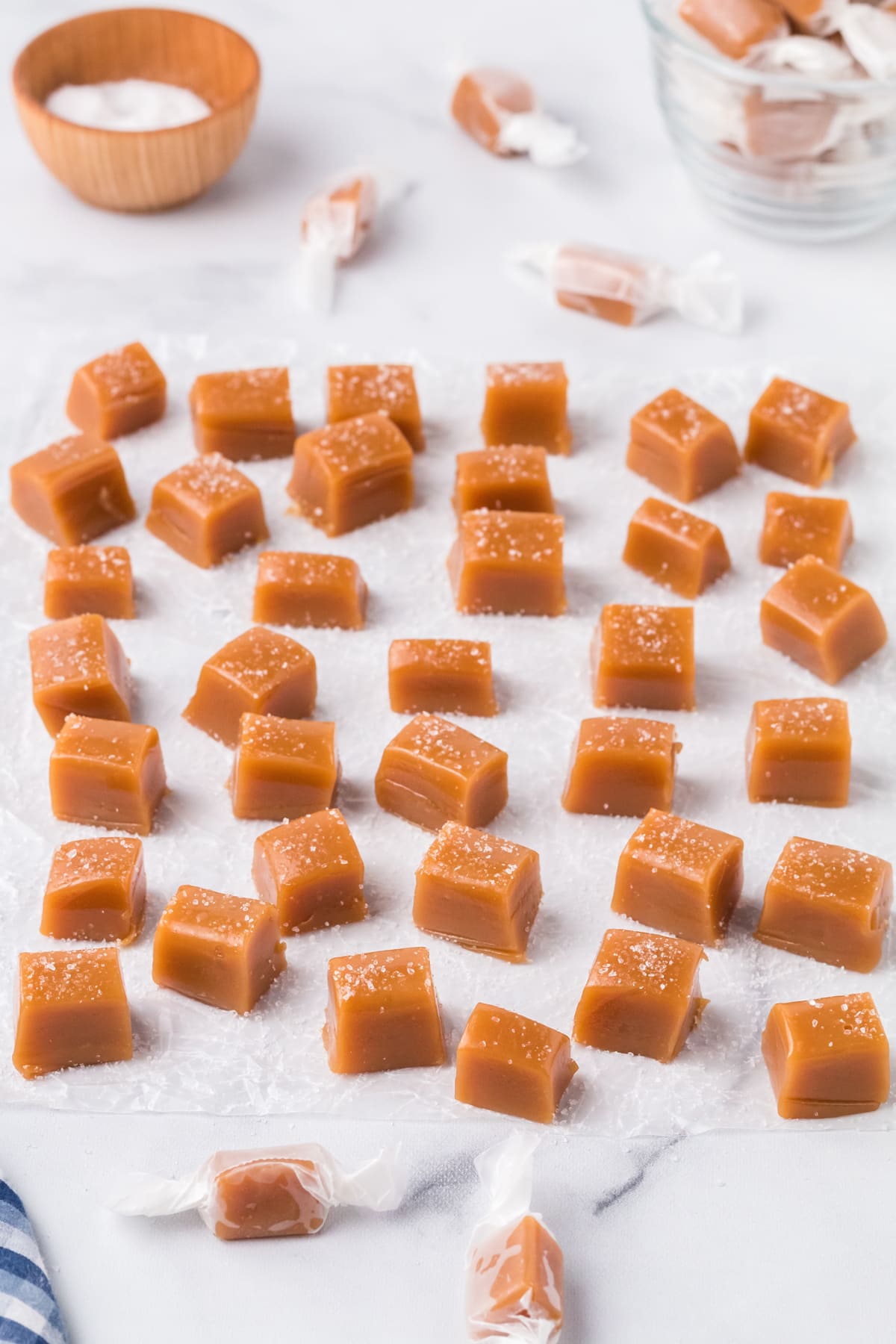 Angled overhead view of caramel candy