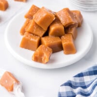 Homemade caramels on a white plate