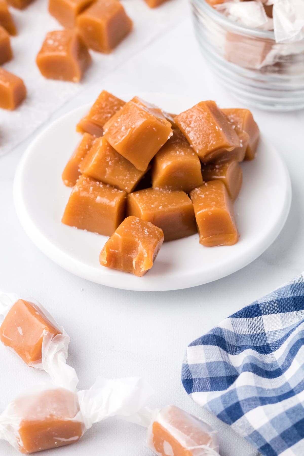 Homemade caramels on a white plate