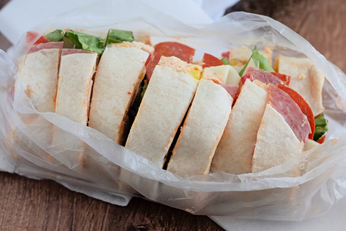 Italian pinwheels wrapped in plastic wrap