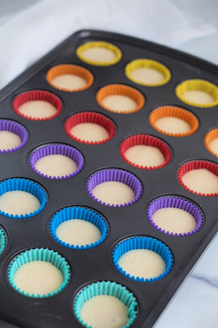 pancake batter in a colorfully lined mini muffin pan.