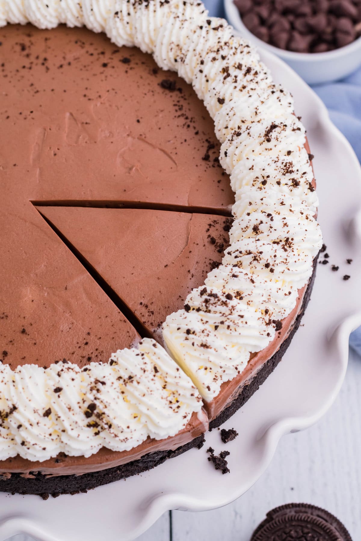 This No Bake Chocolate Cheesecake is just as rich and creamy as a traditional baked cheesecake, but so much easier to make! Cutting the No Bake Chocolate Cheesecake .