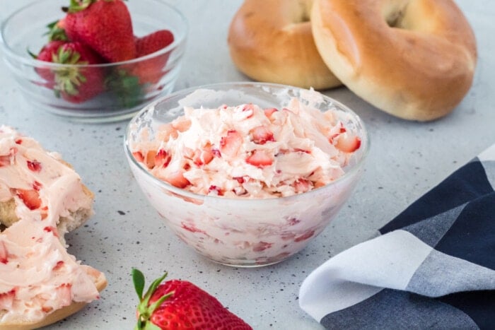 Strawberry Butter with a bagel next to it.