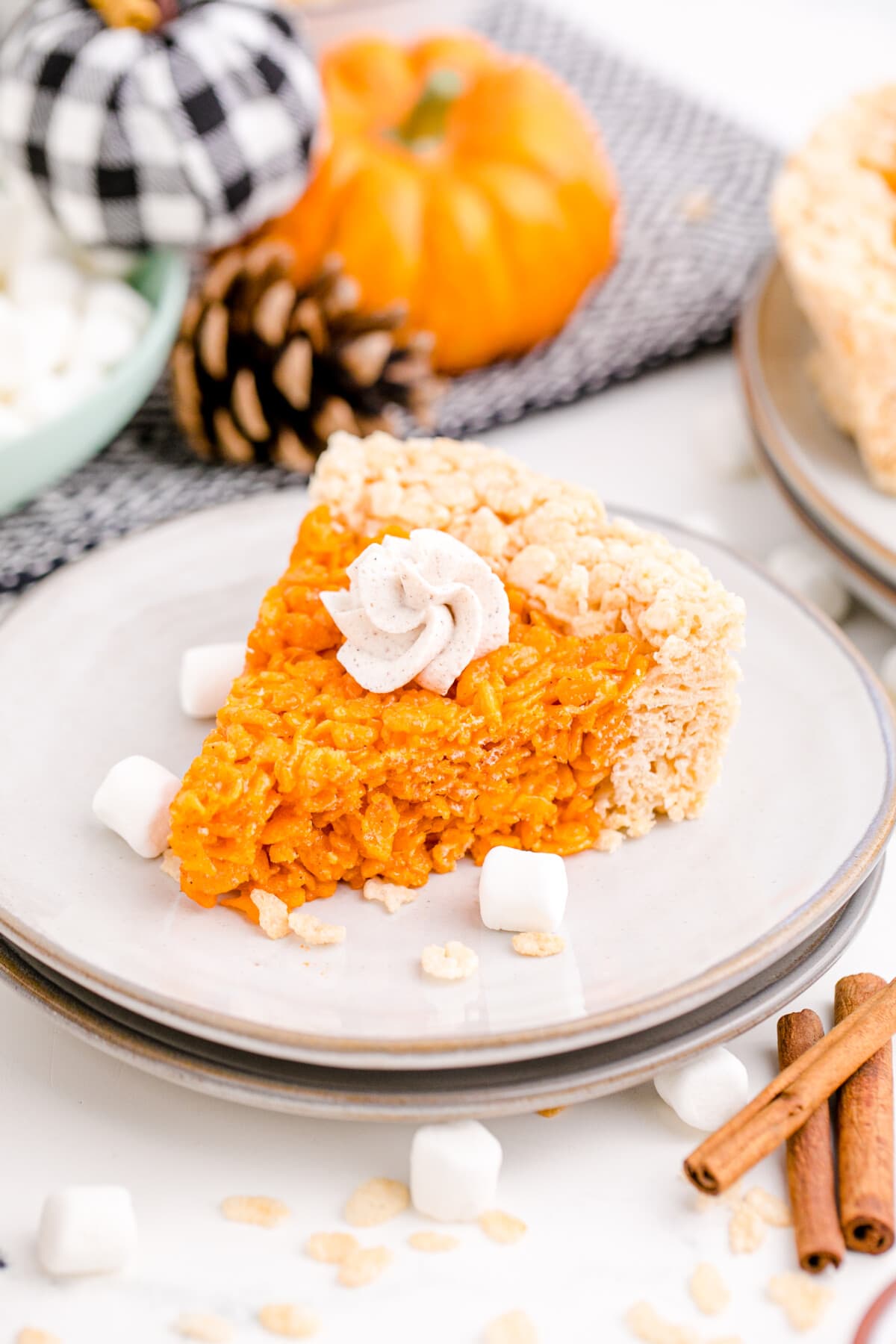 Pumpkin Pie Rice Krispie Treats slice on a plate