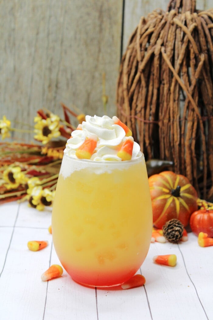 The recipe in a glass with Fall decorations behind it.