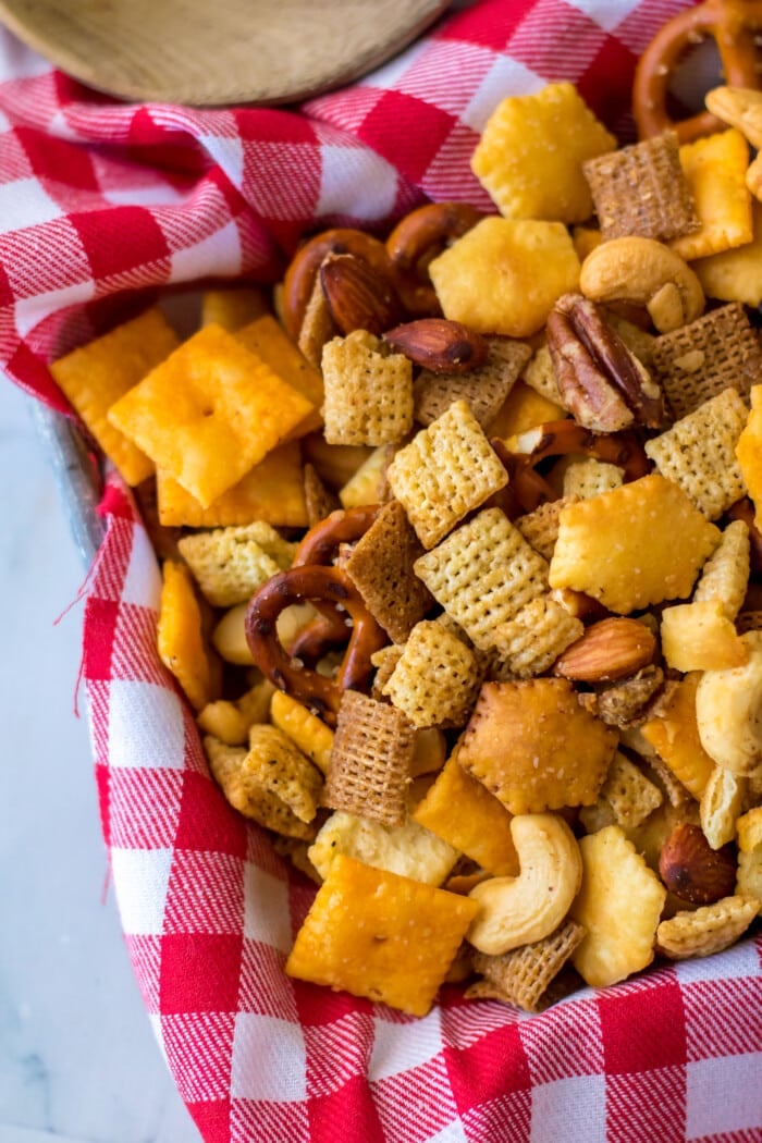Chex Mix in a bowl.
