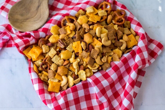 Chex Mix in a serving dish.