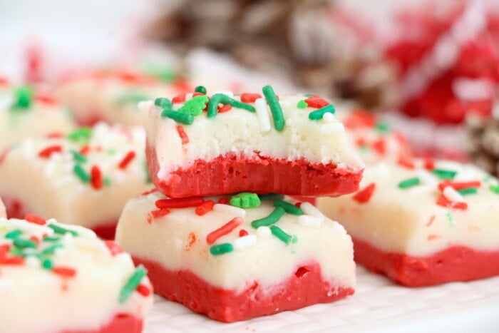 Christmas Cake Batter Fudge stacked on top of each other.