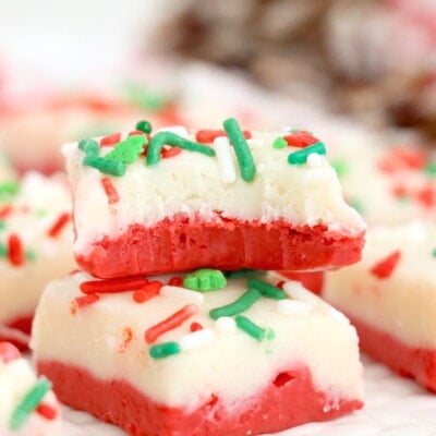 Christmas Cake Batter Fudge with sprinkles on top.