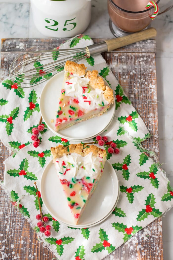 Christmas Pie on a festive cloth.