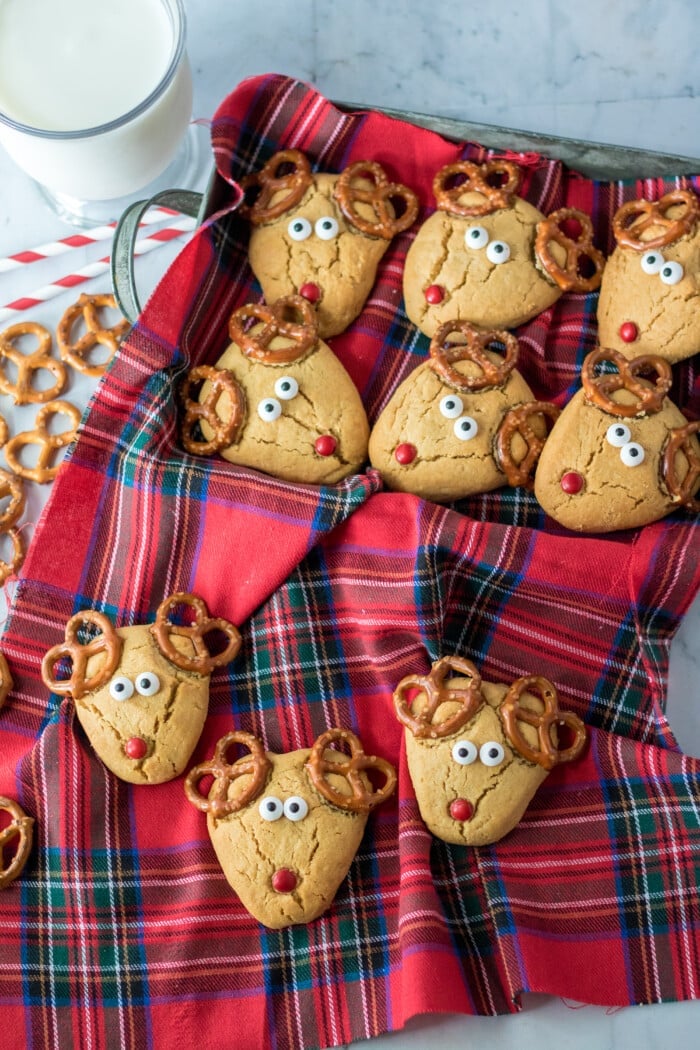 Peanut Butter Reindeer Cookies on a plaid blanket.