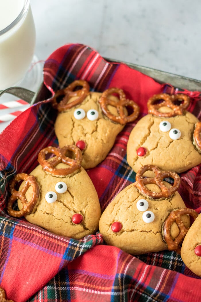 Peanut Butter Reindeer Cookies in a basket.