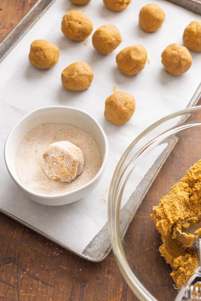 Soft and chewy, these Pumpkin Spice Cookies are perfectly spiced and bake in just 10 minutes! Quick & easy to make. Rolling a ball of pumpkin cookie dough in sugar and placing it on a baking sheet
