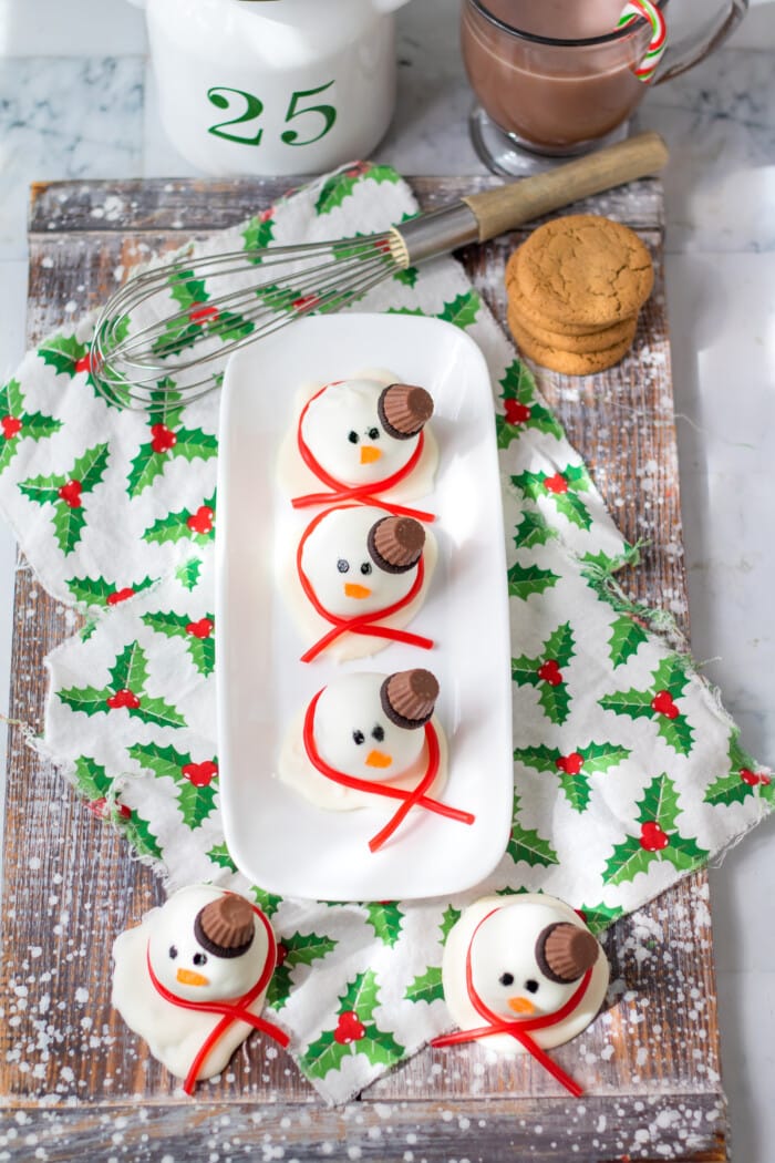 Snowman Truffles on a table.