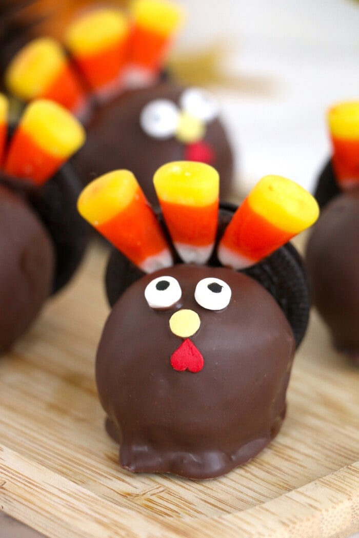 Turkey Cake Pops on a wooden table.