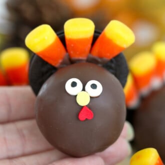 A hand holding one of the Turkey Cake Pops.