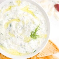 Overhead view of a bowl of tzatziki sauce