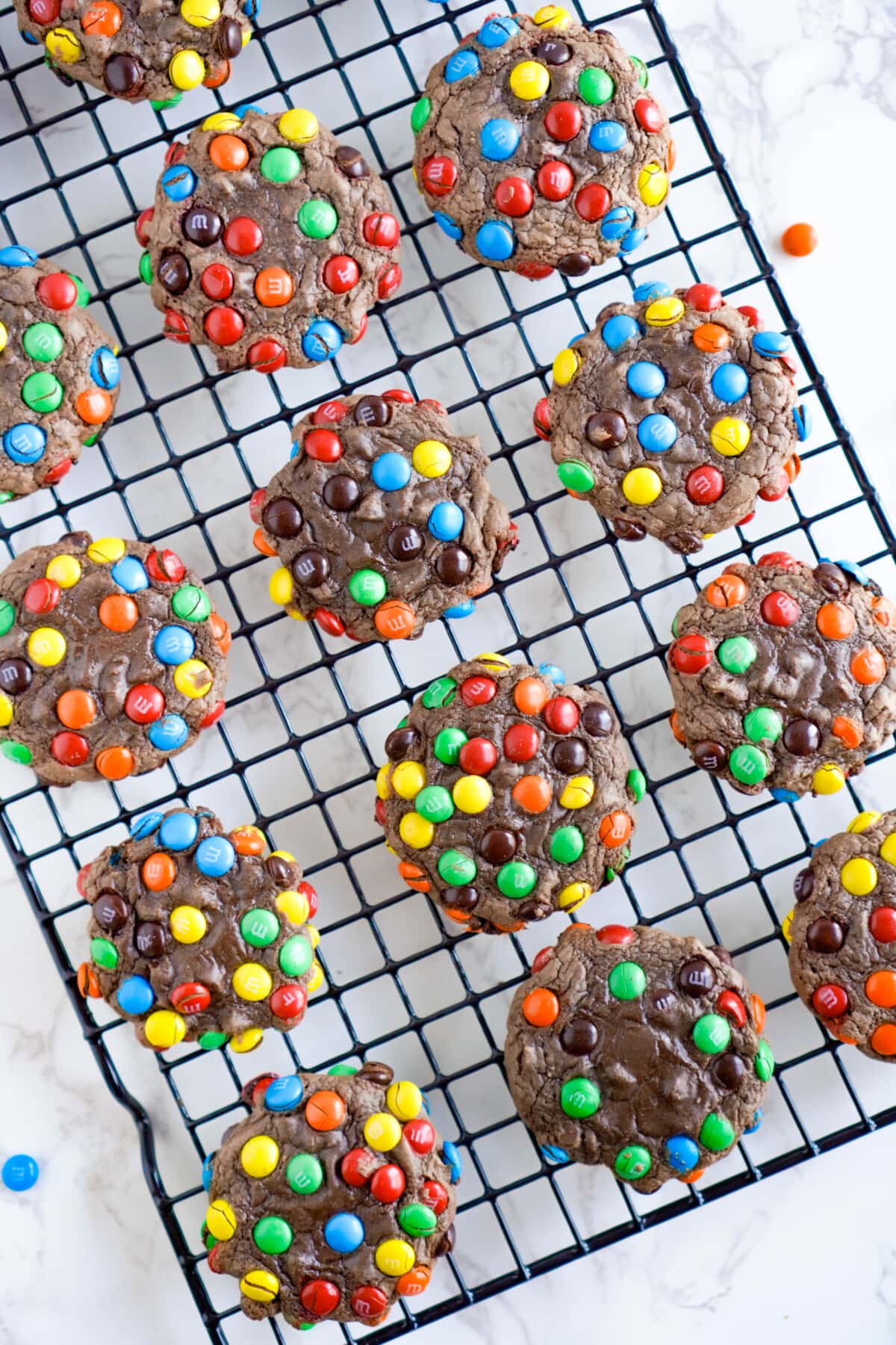 M&M Brownie Cookies on a wire rack