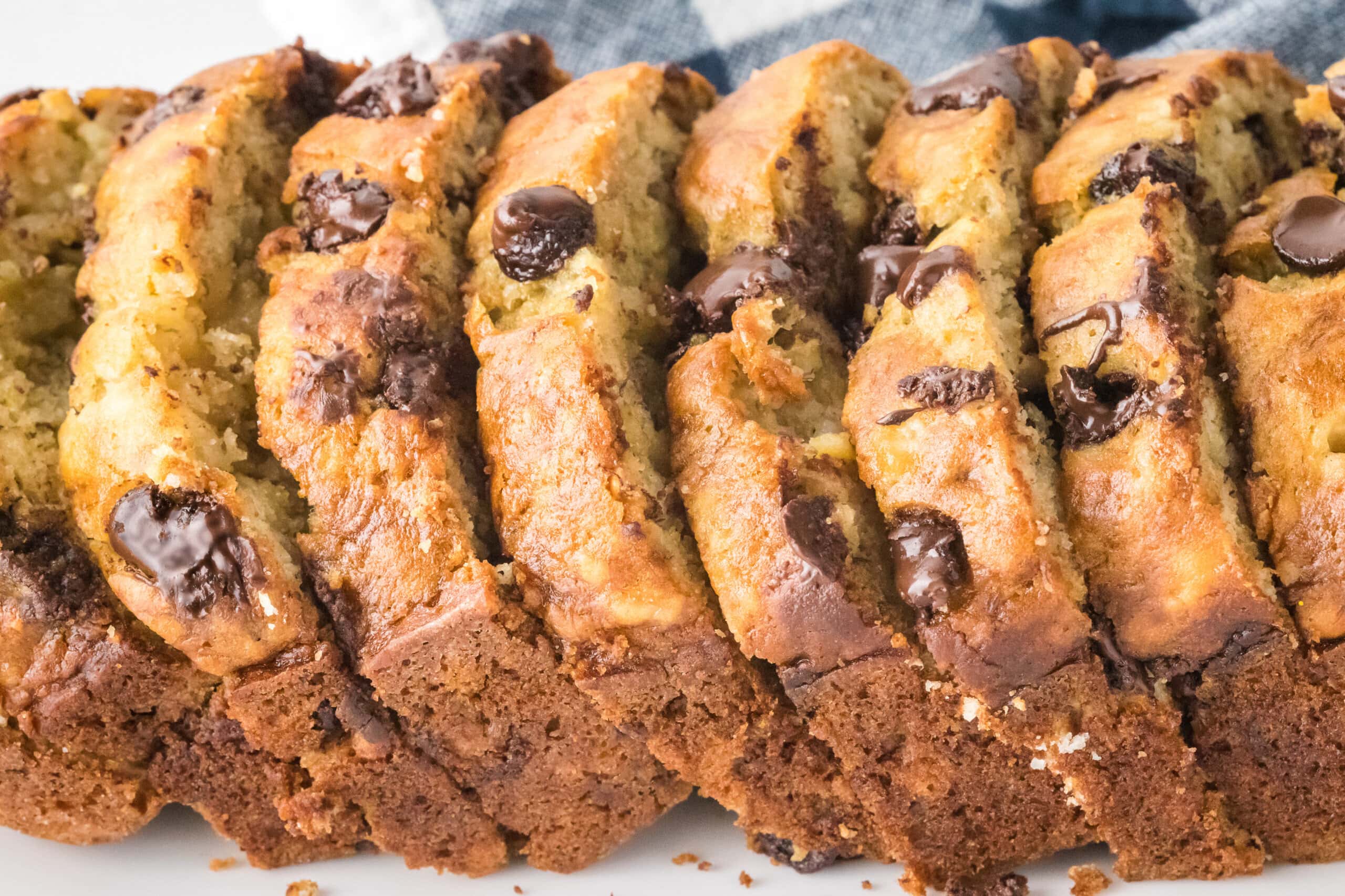 Chocolate Chip Banana Bread cut into slices.
