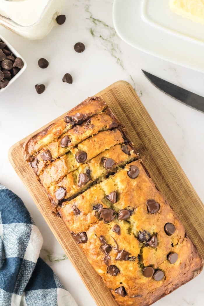 Chocolate Chip Banana Bread on a wooden board.