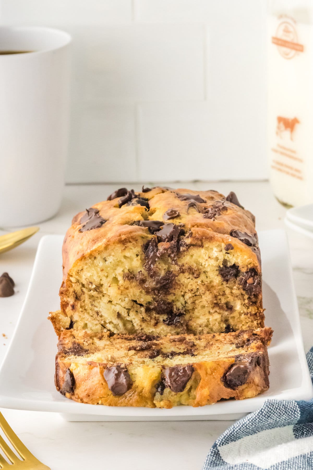 Chocolate Chip Banana Bread on a white tray.