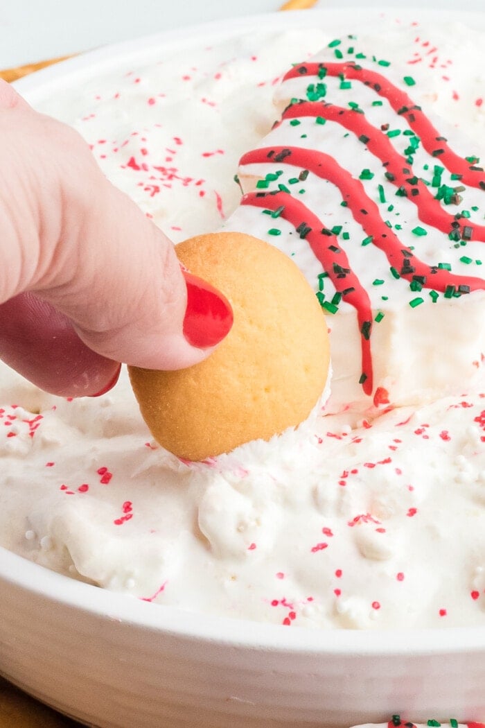 Dipping a nilla wafer into the Christmas Tree Cake Dip.