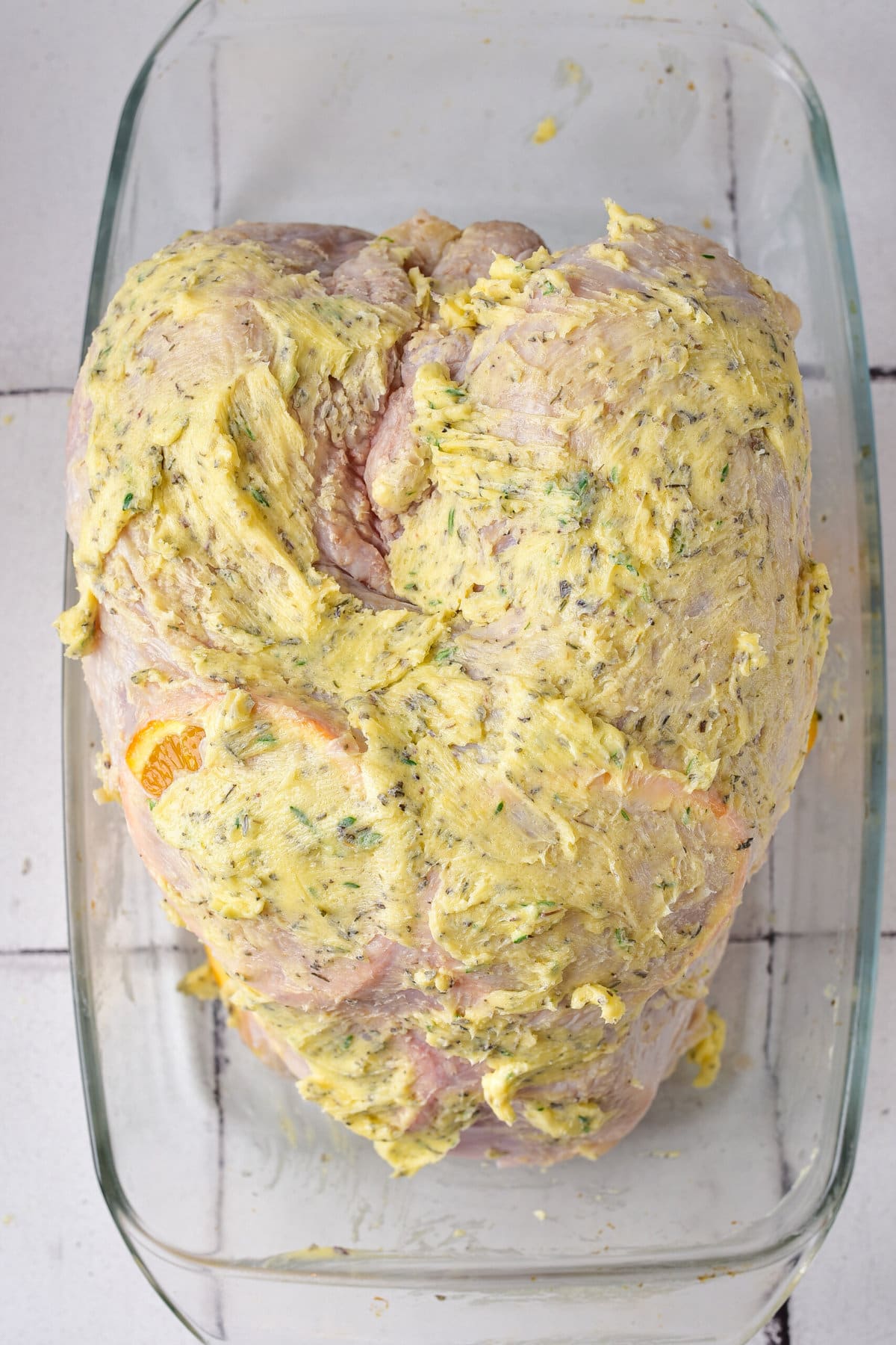 The turkey covered in butter.