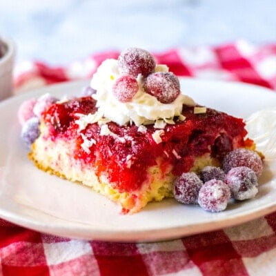 Cranberry Upside-Down Cake on a white plate.