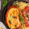 Overhead view of chicken parmesan and spaghetti