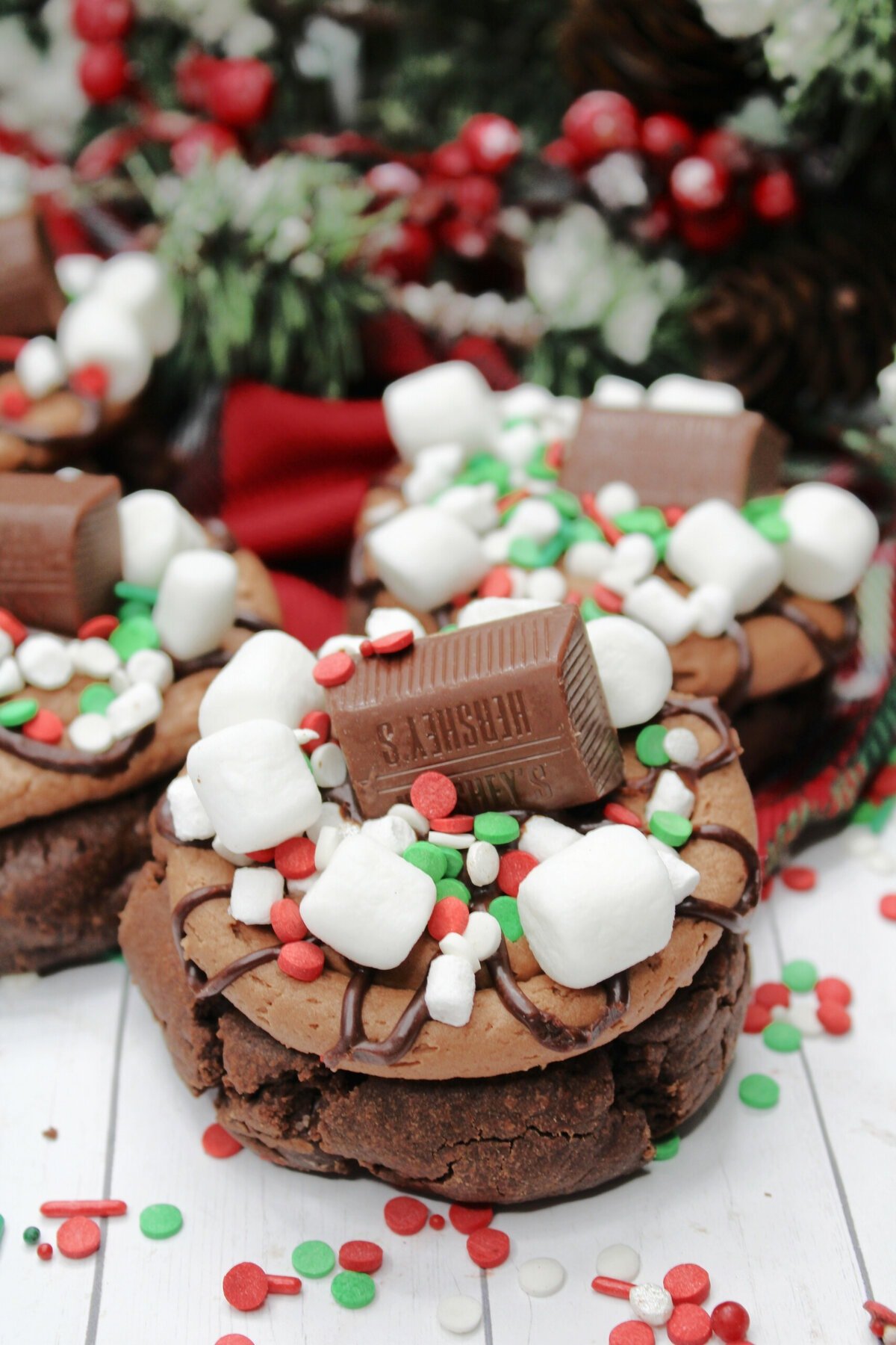 Frosted Hot Cocoa Cookies with sprinkles all around.