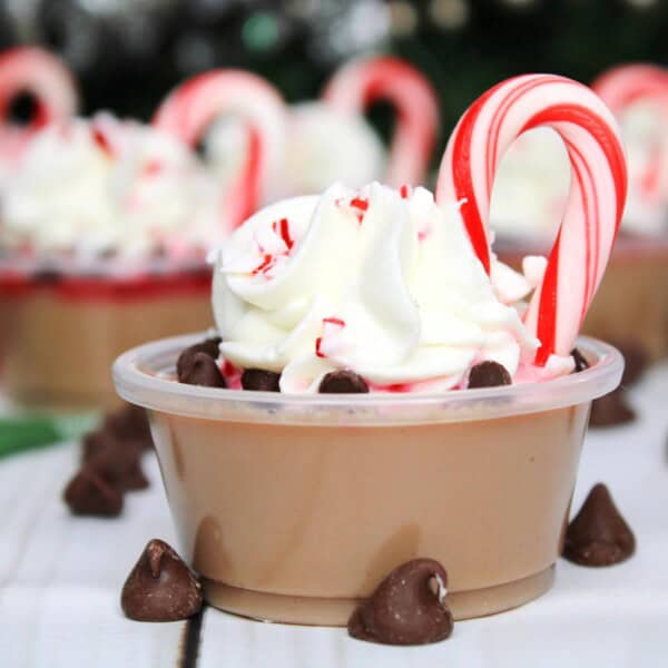 Peppermint Cocoa Jello Shots on a white table.
