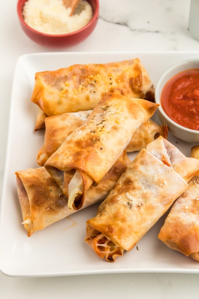 Pizza Egg Rolls with a side of pizza sauce