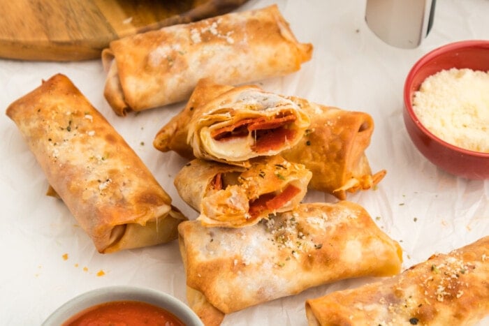 One of the Pizza Egg Rolls cut open.