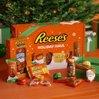 A Reese's Holiday Haul box with candies in front of it.