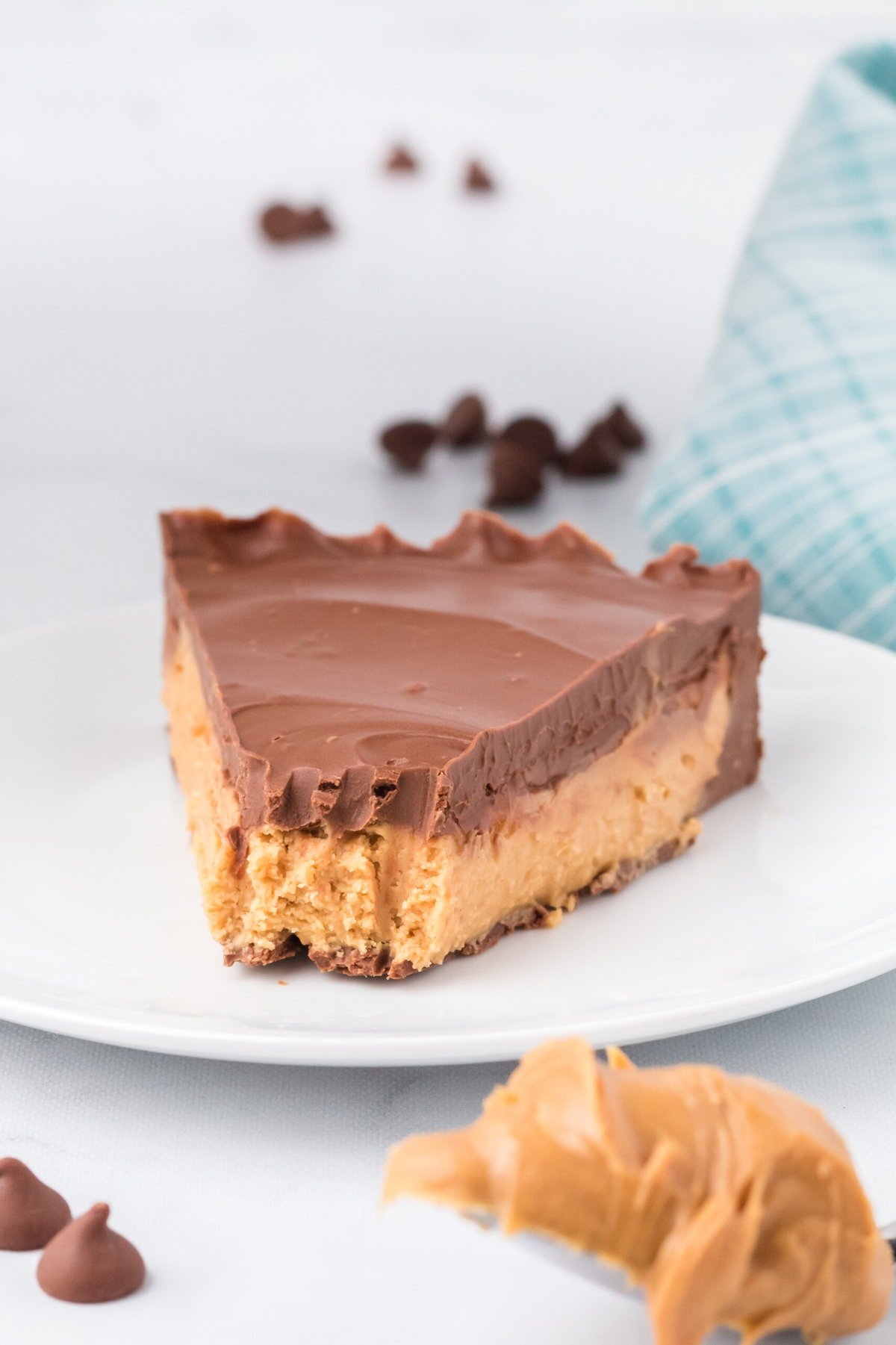 Reese's Peanut Butter Cup Pie with a bite taken out.