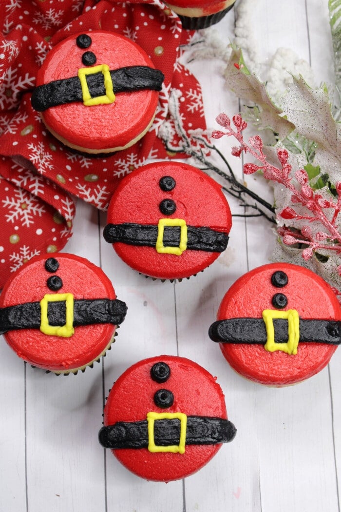 Santa Belly Cupcakes with decorations.