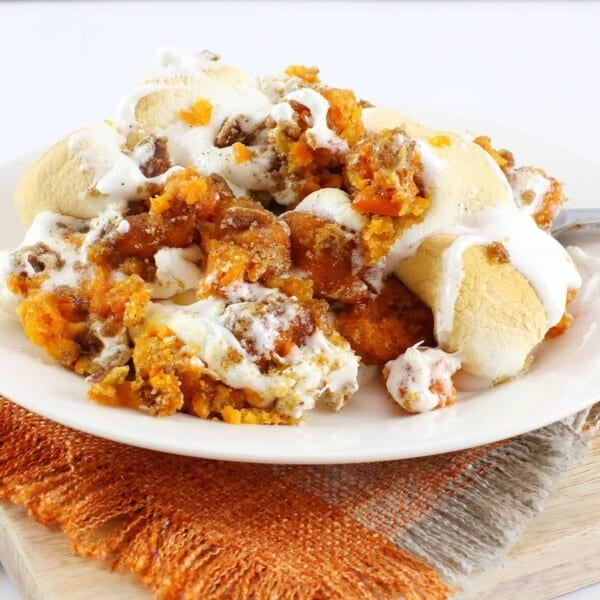 Sweet Potato Tater Tot Casserole on a white plate.