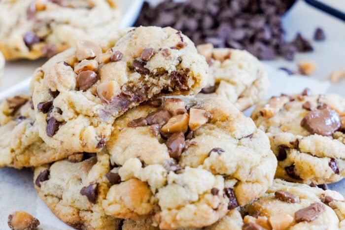 A pile of Toffee Chocolate Chip Cookies.