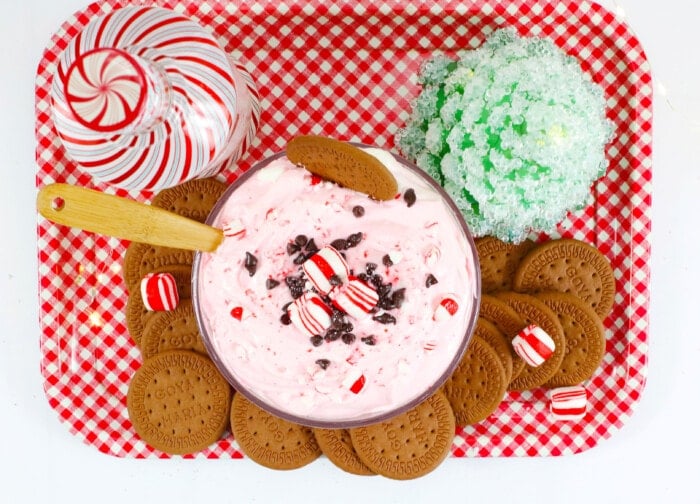 Boozy Peppermint Dip on a red tray.