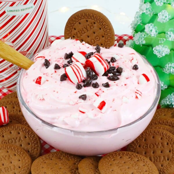 Boozy Peppermint Dip with a green tree next to it.
