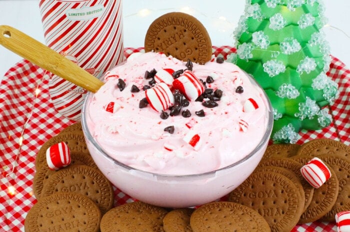 Boozy Peppermint Dip with a green tree next to it.
