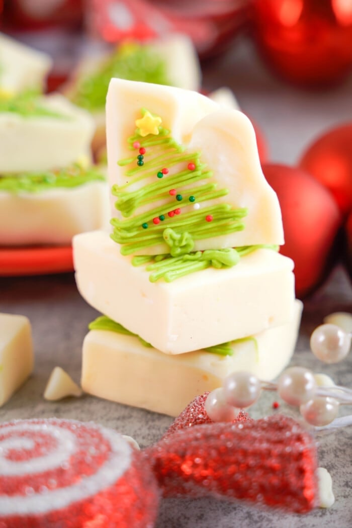 Christmas Tree Fudge stacked on top of each other.