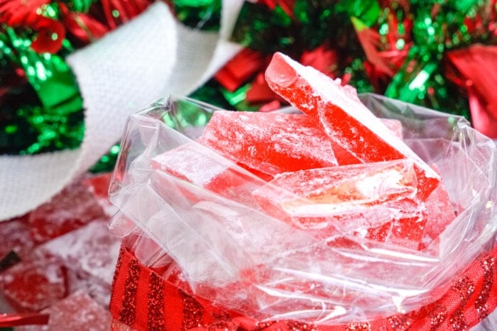 Cinnamon Hard Candy Recipe in a ribbon wrapped bag.