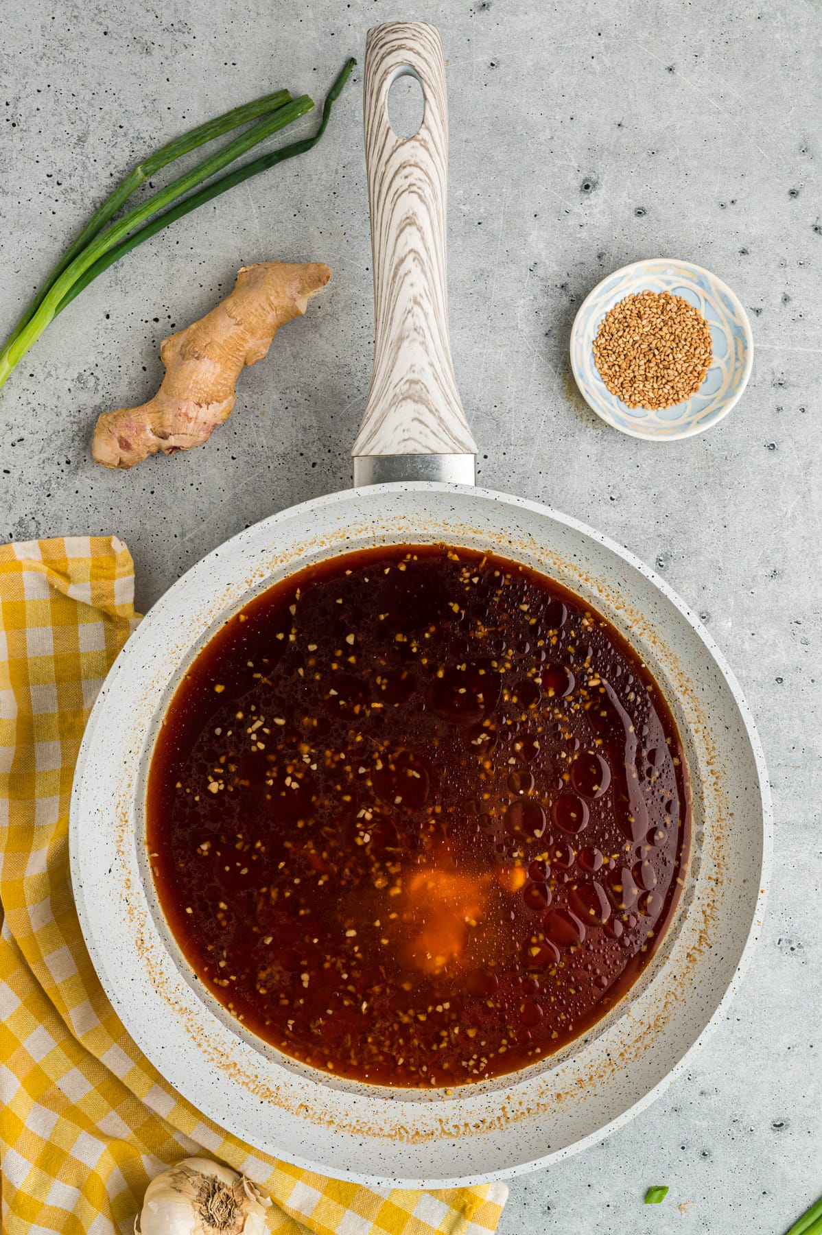 Homemade teriyaki sauce in a saucepan