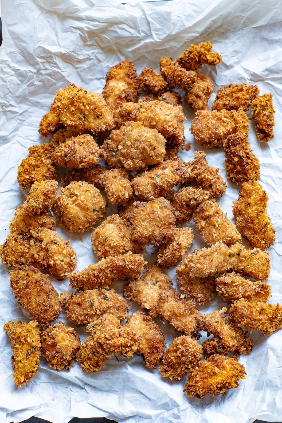 Overhead view of pieces of popcorn chicken
