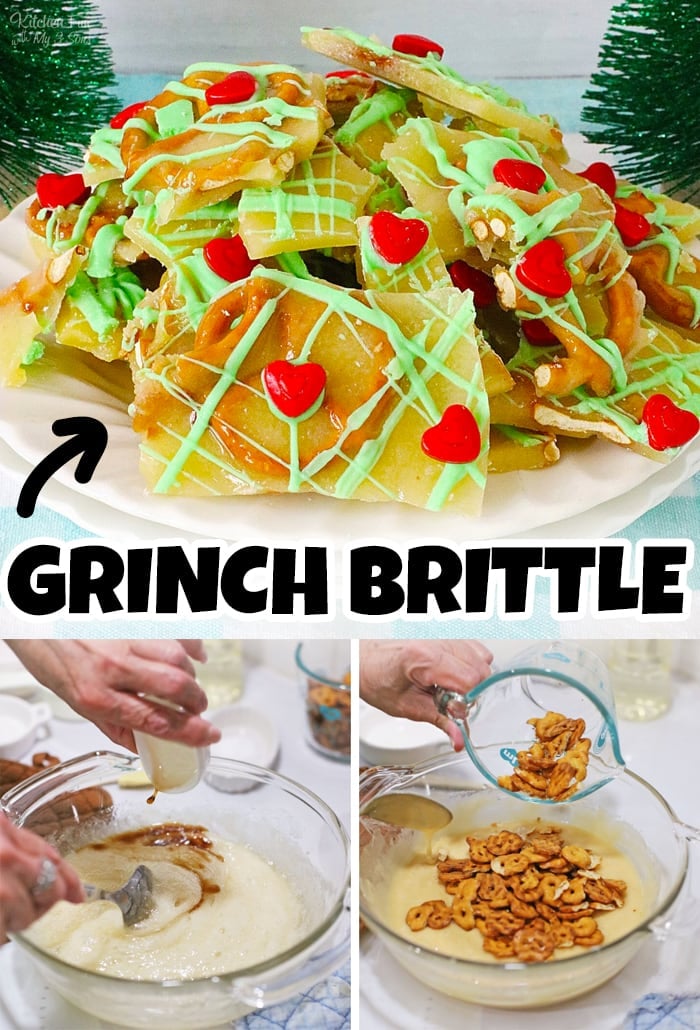 Grinch Brittle is a festive Holiday treat made with white chocolate, mini pretzel twists, food coloring gel, and little Grinch hearts.