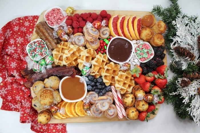Holiday Breakfast Charcuterie Board on a white table.