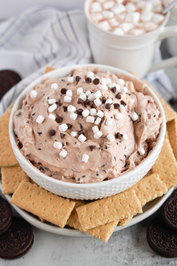Hot Chocolate Dip topped with marshmallows and chocolate chips.